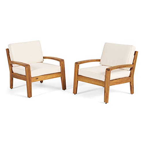 GDFStudio Parma Outdoor Acacia Wood Club Chairs with Cushions (Set of 2), Teak and Beige