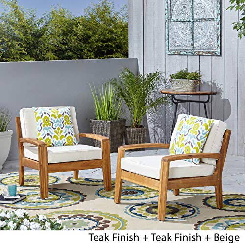 GDFStudio Parma Outdoor Acacia Wood Club Chairs with Cushions (Set of 2), Teak and Beige