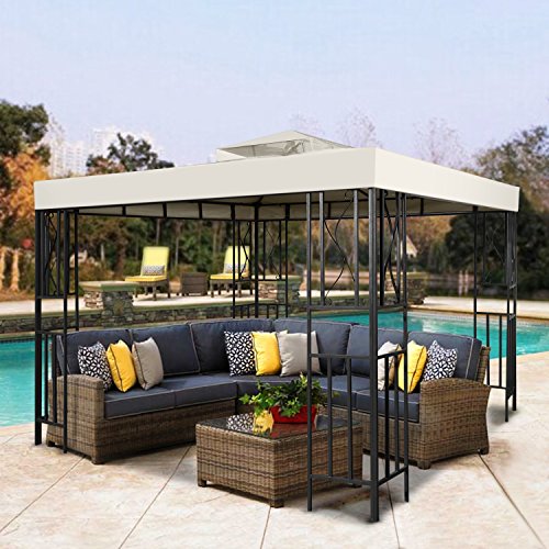 Flexzion 8'x8' Gazebo Top Canopy Replacement Cover (Ivory) - Dual Tier with Plain Edge Polyester UV30 Protection Water Resistant for Outdoor Garden Patio Lawn Sun Shade