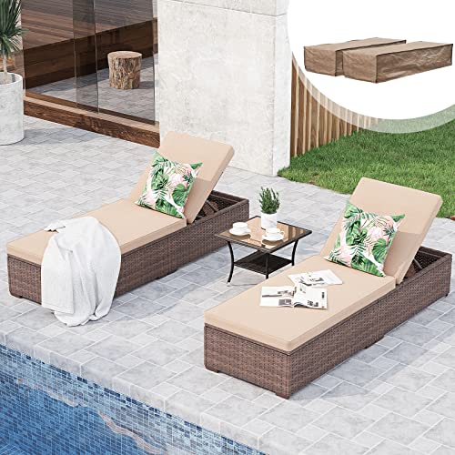 JOIVI Outdoor Chaise Lounge Chair, 3 Piece Patio Pool Lounge Chairs with Coffee Table & Covers for Outside, Rattan Reclining Chaise Lounger with Adjustable Backrest and Removable Beige Cushion