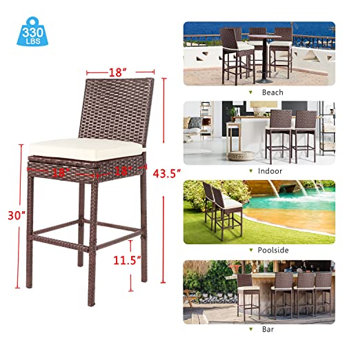 NOVAGLORY Outdoor Bar Stools Wicker Woven Patio Stools & Patio Bar Chairs Height Stools with Footrest Armless Cushion Beige All Weather Rattan Garden Stool for Pool Lawn Porch Backyard (4, Beige)