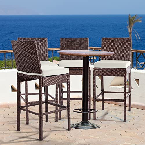 NOVAGLORY Outdoor Bar Stools Wicker Woven Patio Stools & Patio Bar Chairs Height Stools with Footrest Armless Cushion Beige All Weather Rattan Garden Stool for Pool Lawn Porch Backyard (4, Beige)