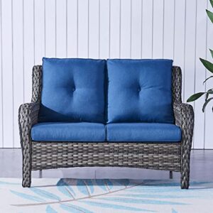 rilyson outdoor loveseat wicker patio sofa – 2-seat rattan outdoor couch patio furniture with deep seating and cushions for porch deck balcony(mixed grey/blue)