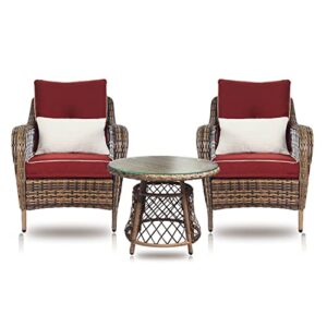 n&v outdoor chairs set bistro set 3 pieces patio conversation set furniture set for balcony rattan chairs and table with cushions beige red green (red)