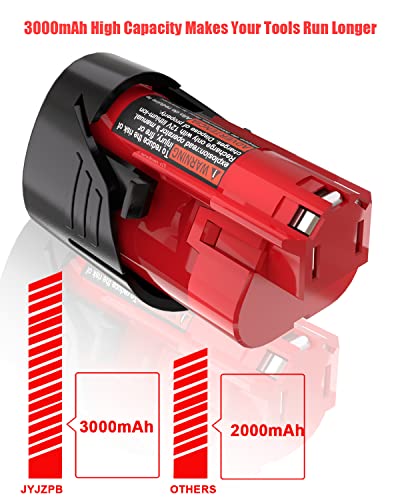 JYJZPB 2 Pack 3000mAh 12V Lithium Battery Replace for Milwaukee 12V Battery, Compatible for Milwaukee M12 Battery 12 Volt Cordless Tools 48-11-2401 48-11-2412 48-11-2411 48-11-2420 48-11-2440