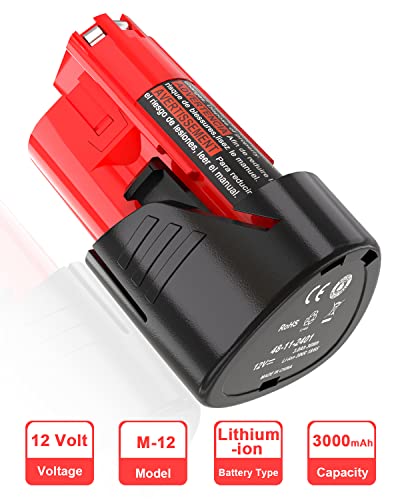 JYJZPB 2 Pack 3000mAh 12V Lithium Battery Replace for Milwaukee 12V Battery, Compatible for Milwaukee M12 Battery 12 Volt Cordless Tools 48-11-2401 48-11-2412 48-11-2411 48-11-2420 48-11-2440