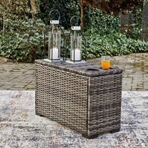 Signature Design by Ashley Harbor Court Outdoor Resin Wicker Handwoven Over Rust-Free Aluminum Framed Console with 2 Drink Holders, Gray