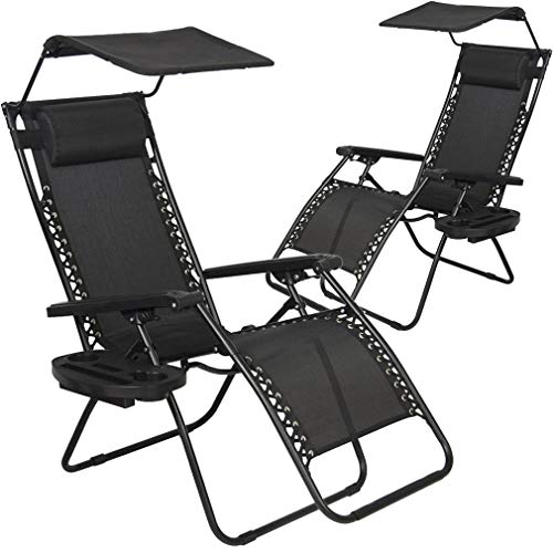 BMS Outdoor Funiture Adjustable Cup Holder (Black) Patio Lounge Chair 2 Pack Recliner W/Folding Canopy Shade