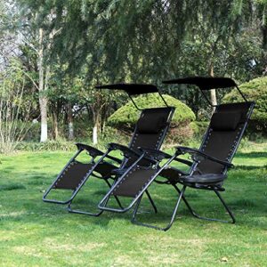 BMS Outdoor Funiture Adjustable Cup Holder (Black) Patio Lounge Chair 2 Pack Recliner W/Folding Canopy Shade