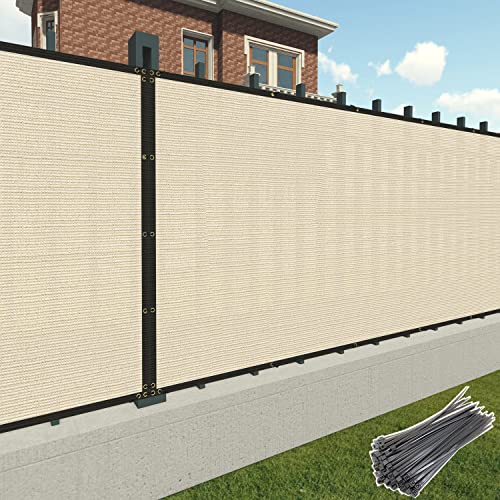 Patio 4' x 20' Fence Privacy Screen Beige Commercial Grade Heavy Duty Outdoor Backyard Shade Windscreen Mesh Fabric with Brass Gromment with Zipties