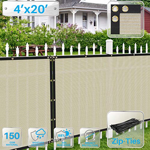 Patio 4' x 20' Fence Privacy Screen Beige Commercial Grade Heavy Duty Outdoor Backyard Shade Windscreen Mesh Fabric with Brass Gromment with Zipties