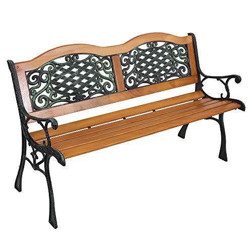 conrover Outdoor Benches, 49" Garden Benches for Outdoors, Patio Seating Park Garden Bench Porch Path Chair Outdoor, Double Arch Back, Hardwood Cast Iron, Bronze & Natural Color