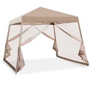 coos bay 10×10 slant leg pop up canopy tent w/mosquito netting (64 square feet of shade) one person set-up outdoor instant folding shelter (beige)
