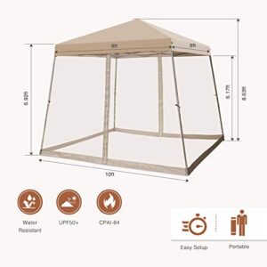 COOS BAY 10x10 Slant Leg Pop Up Canopy Tent w/Mosquito Netting (64 Square Feet of Shade) One Person Set-up Outdoor Instant Folding Shelter (Beige)