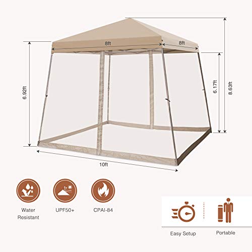 COOS BAY 10x10 Slant Leg Pop Up Canopy Tent w/Mosquito Netting (64 Square Feet of Shade) One Person Set-up Outdoor Instant Folding Shelter (Beige)