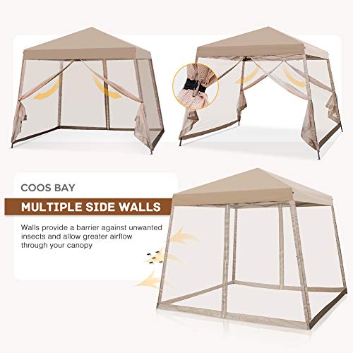 COOS BAY 10x10 Slant Leg Pop Up Canopy Tent w/Mosquito Netting (64 Square Feet of Shade) One Person Set-up Outdoor Instant Folding Shelter (Beige)