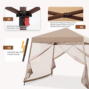 COOS BAY 10x10 Slant Leg Pop Up Canopy Tent w/Mosquito Netting (64 Square Feet of Shade) One Person Set-up Outdoor Instant Folding Shelter (Beige)