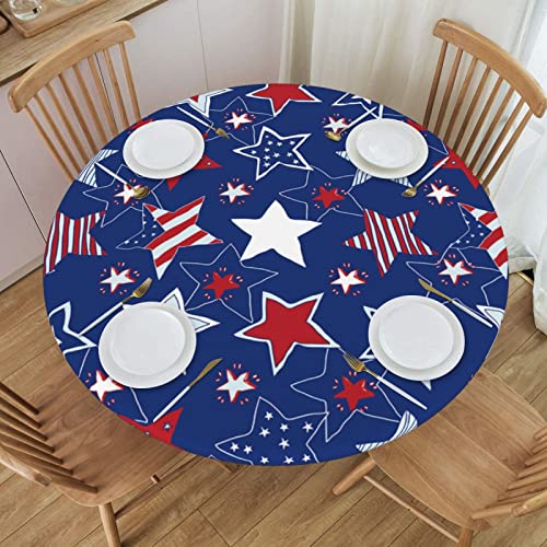 Round Tablecloth Patriotic American Stars Fitted Elastic Waterproof Wipeable Table Cloth Cover Decorations Table Pad Cover for lndoor Outdoor-Small