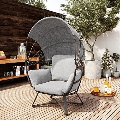 Crestlive Products Egg Chair, All Weather Aluminum Lounge Chair with Folding Canopy, Outdoor Indoor Chair with Cushion & Sun Shade Cover for Patio Living Room, 265lb Capacity (Black & Grey)