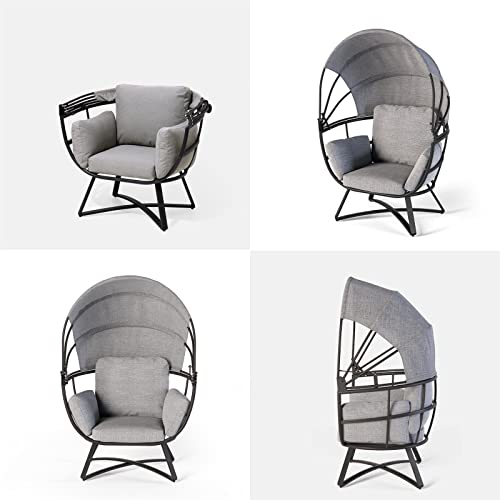 Crestlive Products Egg Chair, All Weather Aluminum Lounge Chair with Folding Canopy, Outdoor Indoor Chair with Cushion & Sun Shade Cover for Patio Living Room, 265lb Capacity (Black & Grey)