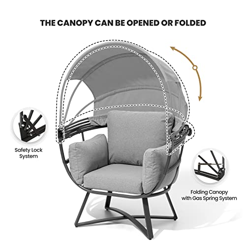 Crestlive Products Egg Chair, All Weather Aluminum Lounge Chair with Folding Canopy, Outdoor Indoor Chair with Cushion & Sun Shade Cover for Patio Living Room, 265lb Capacity (Black & Grey)
