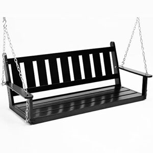 hanging porch swing,outdoor porch swing with adjustable chains and hanging kit, heavy duty 880 lbs, 3 seat garden swing, swing bench,hanging swing bench for backyard patio garden(5 ft, black)