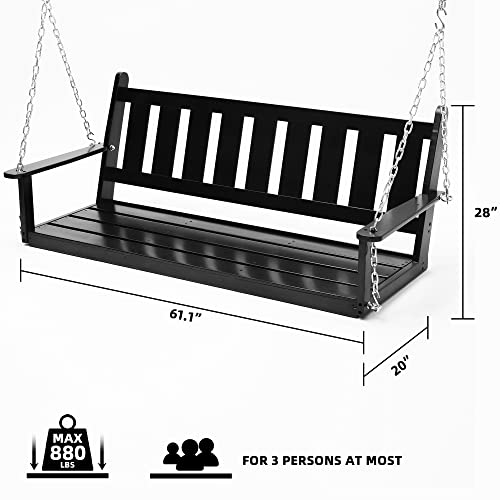 Hanging Porch Swing,Outdoor Porch Swing with Adjustable Chains and Hanging Kit, Heavy Duty 880 LBS, 3 Seat Garden Swing, Swing Bench,Hanging Swing Bench for Backyard Patio Garden(5 FT, Black)