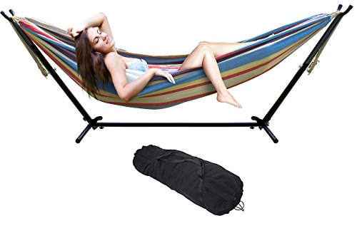 Sorbus 2-Person Luxury Hammock with Steel Stand- Premium Cotton Blend 60" Large Hammock Bed- Heavy Duty 450lbs Portable Hammock w/Carrying Case - for Garden Yard Patio Outdoor Camping Gifts- Washable