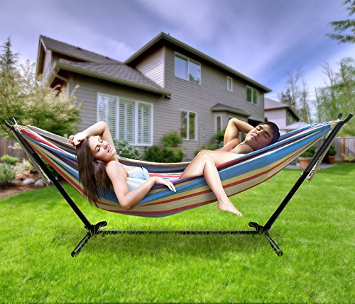 Sorbus 2-Person Luxury Hammock with Steel Stand- Premium Cotton Blend 60" Large Hammock Bed- Heavy Duty 450lbs Portable Hammock w/Carrying Case - for Garden Yard Patio Outdoor Camping Gifts- Washable