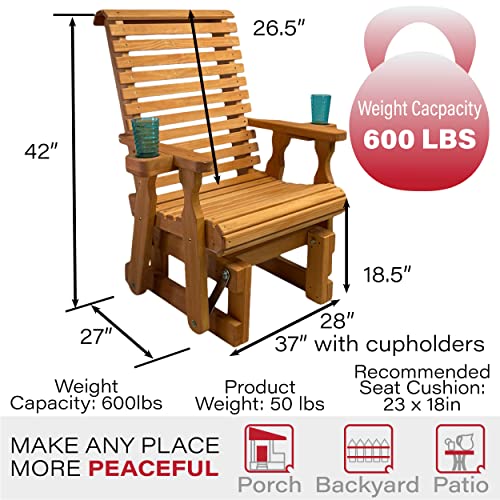 Amish Casual Heavy Duty 600 Lb Roll Back High Back Treated Glider Chair with Cupholders (Cedar Stain)