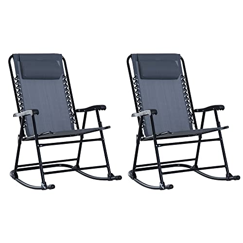 Outsunny Set of 2 Rocking Chairs Patio Lawn Chair Beach Folding Chairs with Pillow, Outdoor Portable Rocker for Camping Fishing Beach, Grey