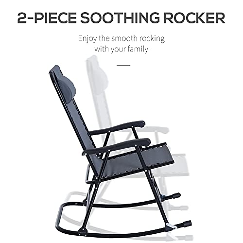 Outsunny Set of 2 Rocking Chairs Patio Lawn Chair Beach Folding Chairs with Pillow, Outdoor Portable Rocker for Camping Fishing Beach, Grey