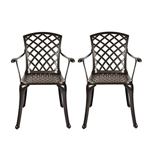 OKIDA 2 Piece Cast Aluminum Arm Dining Chairs, Outdoor Patio Bistro Chair Set of 2 for Garden, Backyard, Lattice Weave Design