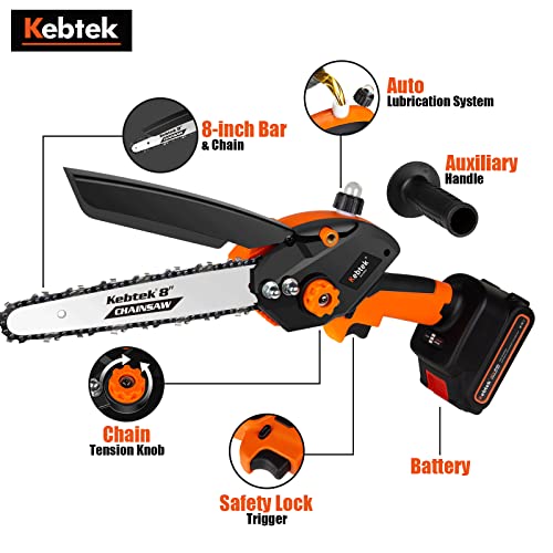 Kebtek 8 Inch Mini Chainsaw Cordless, Electric Chainsaw with Brushless Motor, 21V Portable Battery Chainsaw Hand Held Chain Saw for Tree Trimming Branch Wood Cutting