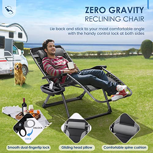 Luxspire Zero Gravity Chair XL, Padded Oversized Outdoor Lounge Recliner, Folding Adjustable Camping Chair, Patio Beach Backyard Lounger with Headrest&Side Table(Cup Holder),Heavy Duty 450 lbs,Black