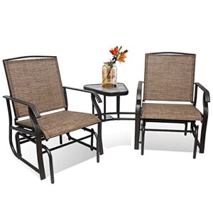 2 person patio double swing glider chair with center table and umbrella hole, outdoor sling fabric steel frame rocking chair set for garden,porch,backyard, poolside, lawn,balcony (brown)
