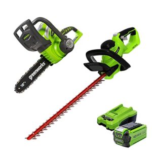 greenworks 40v 12-inch cordless chainsaw, 2.0ah battery and charger included 20262 with 40v hedge trimmer