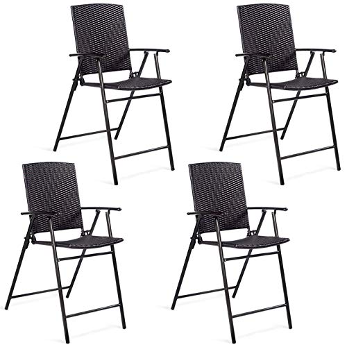 Casart Folding Wicker Rattan Bar Chairs Set of 4 Tall Stool with Back,Steel Frame,Armrests and Footrest Bar Stools Garden Patio Furniture Set