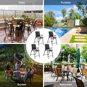 Casart Folding Wicker Rattan Bar Chairs Set of 4 Tall Stool with Back,Steel Frame,Armrests and Footrest Bar Stools Garden Patio Furniture Set