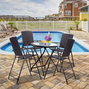 Casart Folding Wicker Rattan Bar Chairs Set of 4 Tall Stool with Back,Steel Frame,Armrests and Footrest Bar Stools Garden Patio Furniture Set