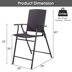 Casart Folding Wicker Rattan Bar Chairs Set of 4 Tall Stool with Back,Steel Frame,Armrests and Footrest Bar Stools Garden Patio Furniture Set