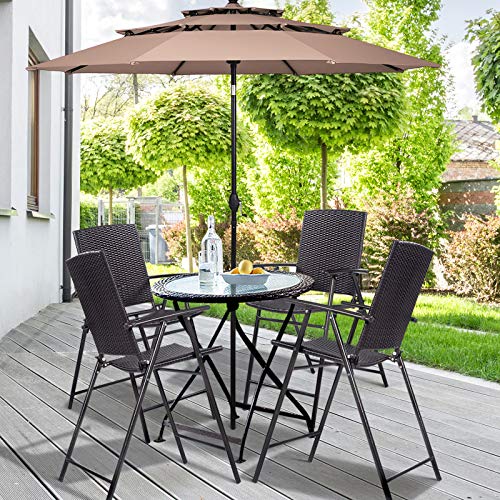 Casart Folding Wicker Rattan Bar Chairs Set of 4 Tall Stool with Back,Steel Frame,Armrests and Footrest Bar Stools Garden Patio Furniture Set