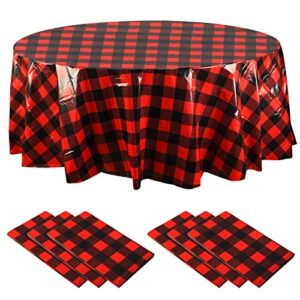 remagr christmas disposable checkered tablecloth round plastic buffalo plaid table cloth 84 inch waterproof gingham cover for picnic camping party carnival bbq (red and black, 6 pieces)