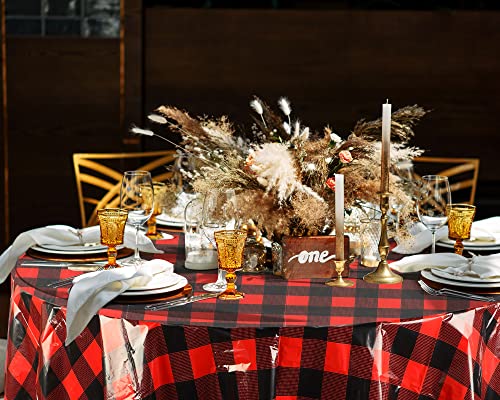 Remagr Christmas Disposable Checkered Tablecloth Round Plastic Buffalo Plaid Table Cloth 84 Inch Waterproof Gingham Cover for Picnic Camping Party Carnival BBQ (Red and Black, 6 Pieces)