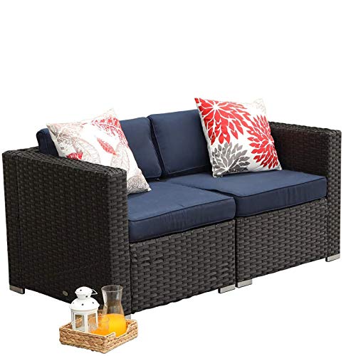 MFSTUDIO 2 Piece Patio Loveseat Outdoor Sectional Furniture Rattan Corner Sofa Set - Blue