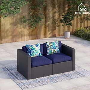 MFSTUDIO 2 Piece Patio Loveseat Outdoor Sectional Furniture Rattan Corner Sofa Set - Blue