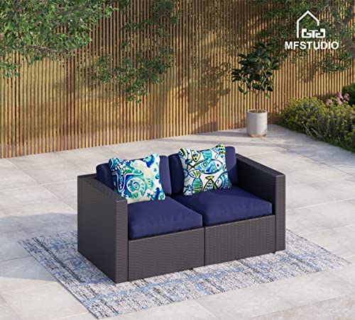 MFSTUDIO 2 Piece Patio Loveseat Outdoor Sectional Furniture Rattan Corner Sofa Set - Blue