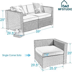 MFSTUDIO 2 Piece Patio Loveseat Outdoor Sectional Furniture Rattan Corner Sofa Set - Blue