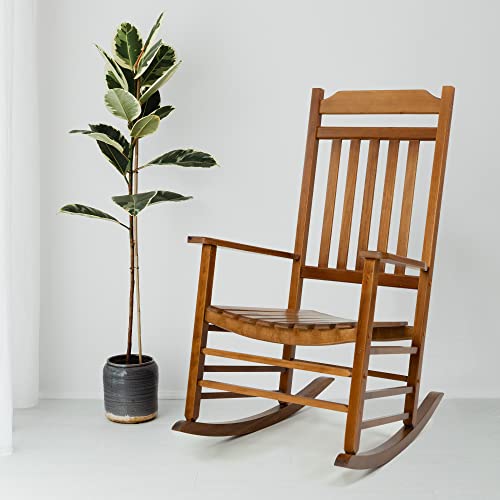 Kozyard High Back Slat Porch Rocking Chair, Solid Wood Rocker for Outdoor Or Indoor Use (Natural)