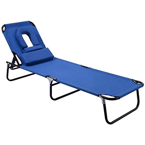 HOMGX Folding Chaise Lounge Chair, Outdoor Deck Chair with 15 to 80 Degrees Adjustable Backrest, Reclining Chair for Beach, Swimming Pool, Deck Chair with Tanning Face Down Hole, Sling Chair, Blue